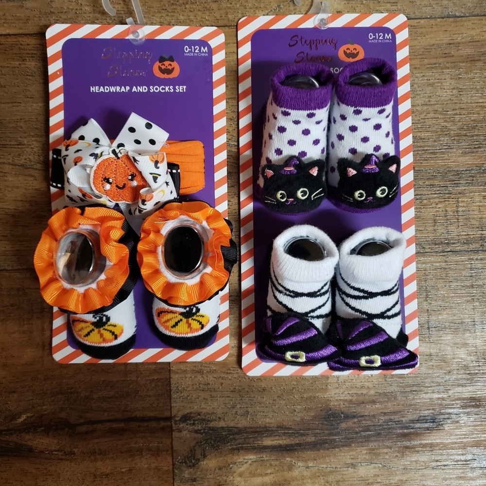 Girls 0-12 Months Halloween Baby Headwrap and Socks Set